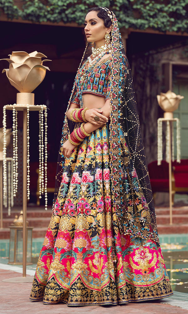 Pakistani Blue and Black Embroidered Silk-Blend Lehenga (3-Piece) - Image 3
