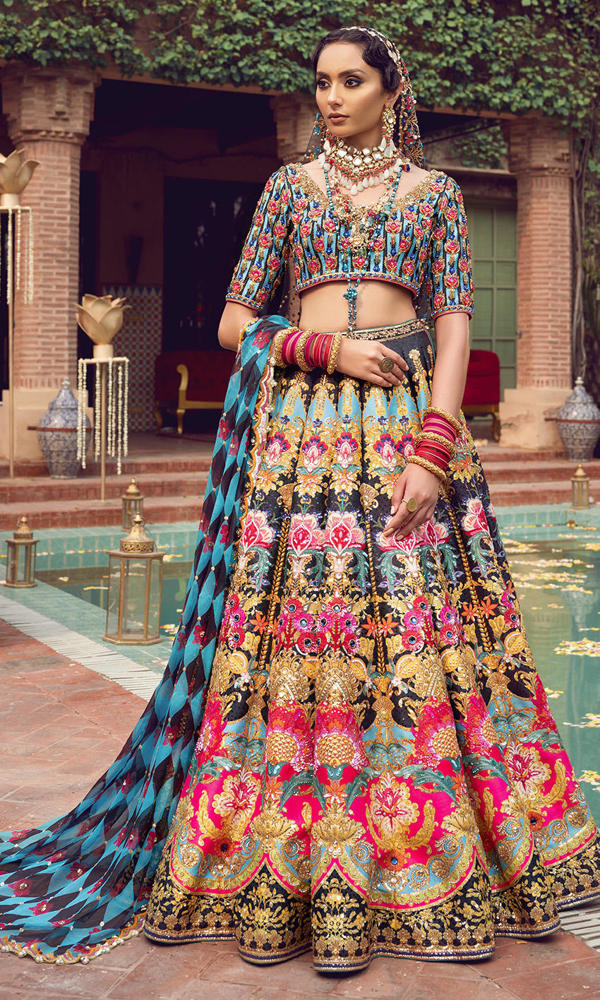 Pakistani Blue and Black Embroidered Silk-Blend Lehenga (3-Piece) - Image 4