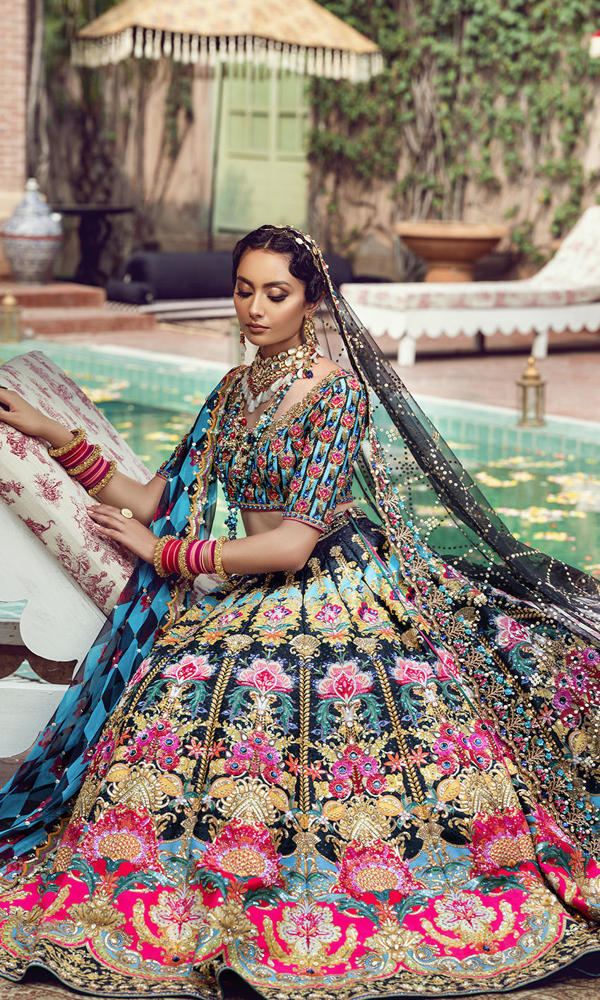 Pakistani Blue and Black Embroidered Silk-Blend Lehenga (3-Piece) - Image 6