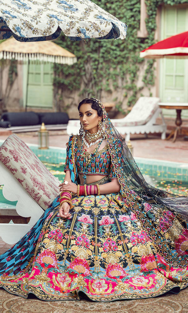 Pakistani Blue and Black Embroidered Silk-Blend Lehenga (3-Piece) - Image 7