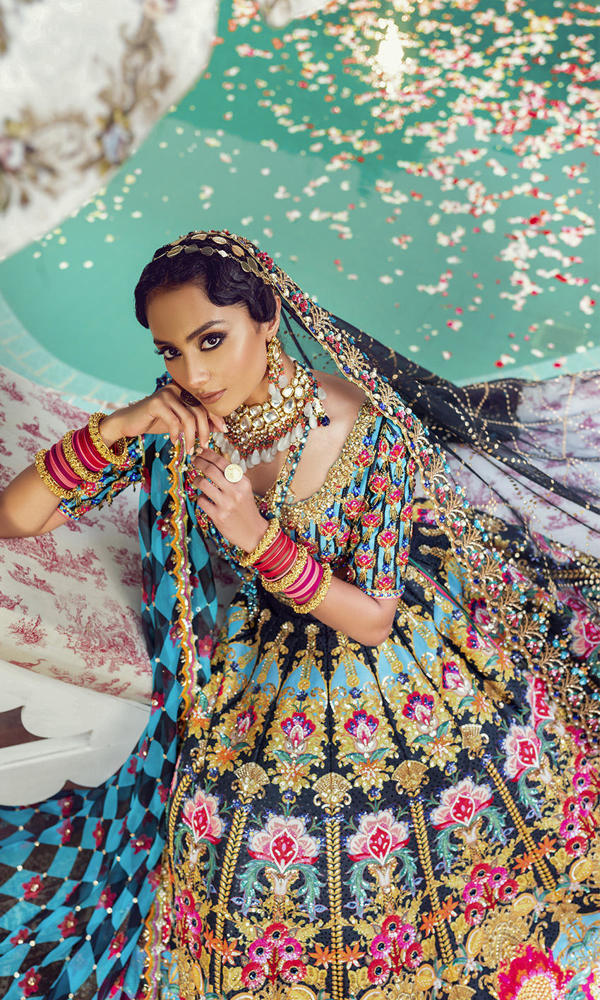 Pakistani Blue and Black Embroidered Silk-Blend Lehenga (3-Piece) - Image 8