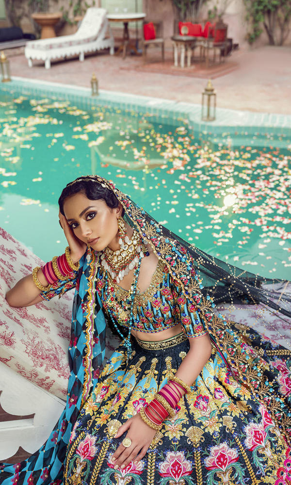 Pakistani Blue and Black Embroidered Silk-Blend Lehenga (3-Piece) - Image 9