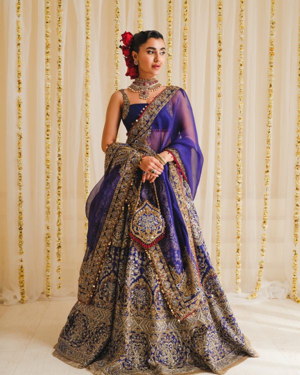 Pakistani Royal Blue Embellished Silk-Blend Bridal Lehenga (3-Piece) - Image 1
