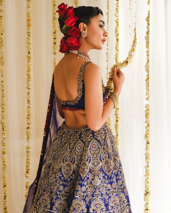 Pakistani Royal Blue Embellished Silk-Blend Bridal Lehenga (3-Piece) - Image 4