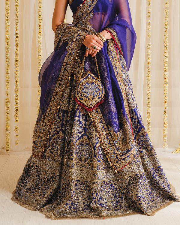 Pakistani Royal Blue Embellished Silk-Blend Bridal Lehenga (3-Piece) - Image 5