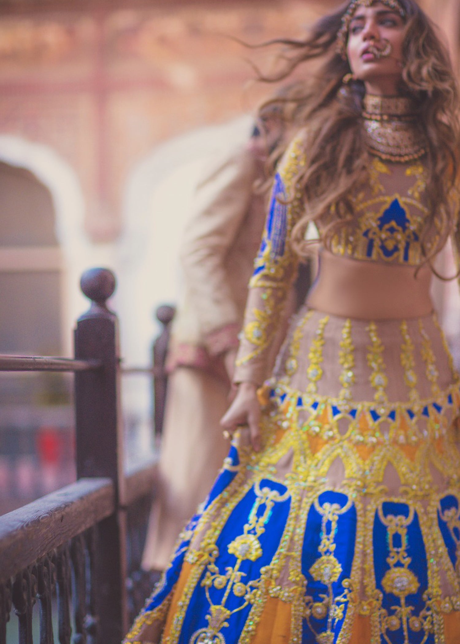 Pakistani Royal Blue and Mustard Embroidered Silk-Blend Lehenga Choli (2-Piece) - Image 1