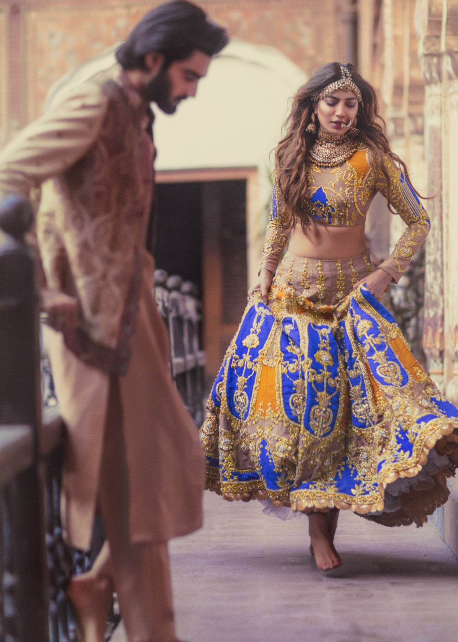 Pakistani Royal Blue and Mustard Embroidered Silk-Blend Lehenga Choli (2-Piece) - Image 2