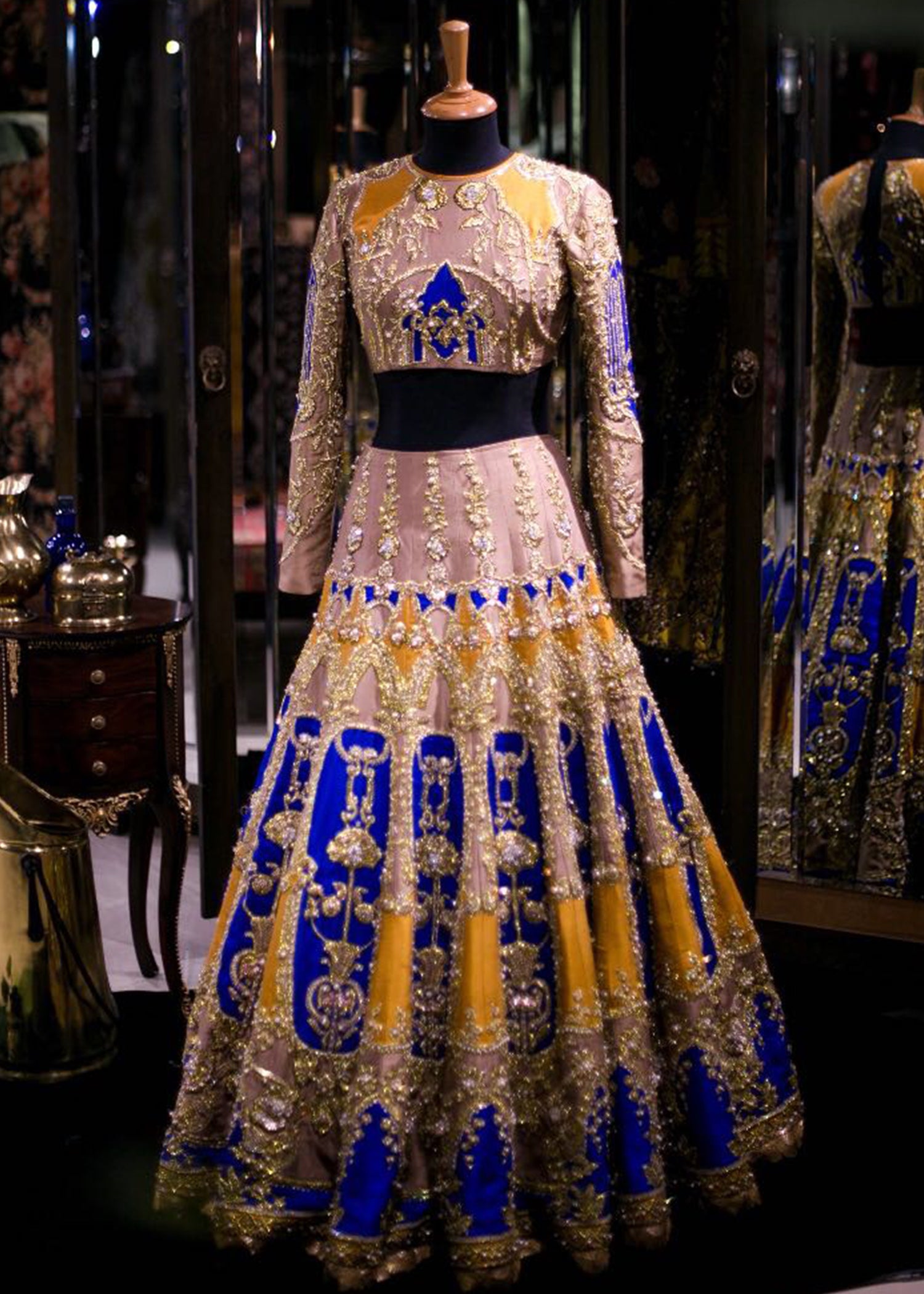 Pakistani Royal Blue and Mustard Embroidered Silk-Blend Lehenga Choli (2-Piece) - Image 3