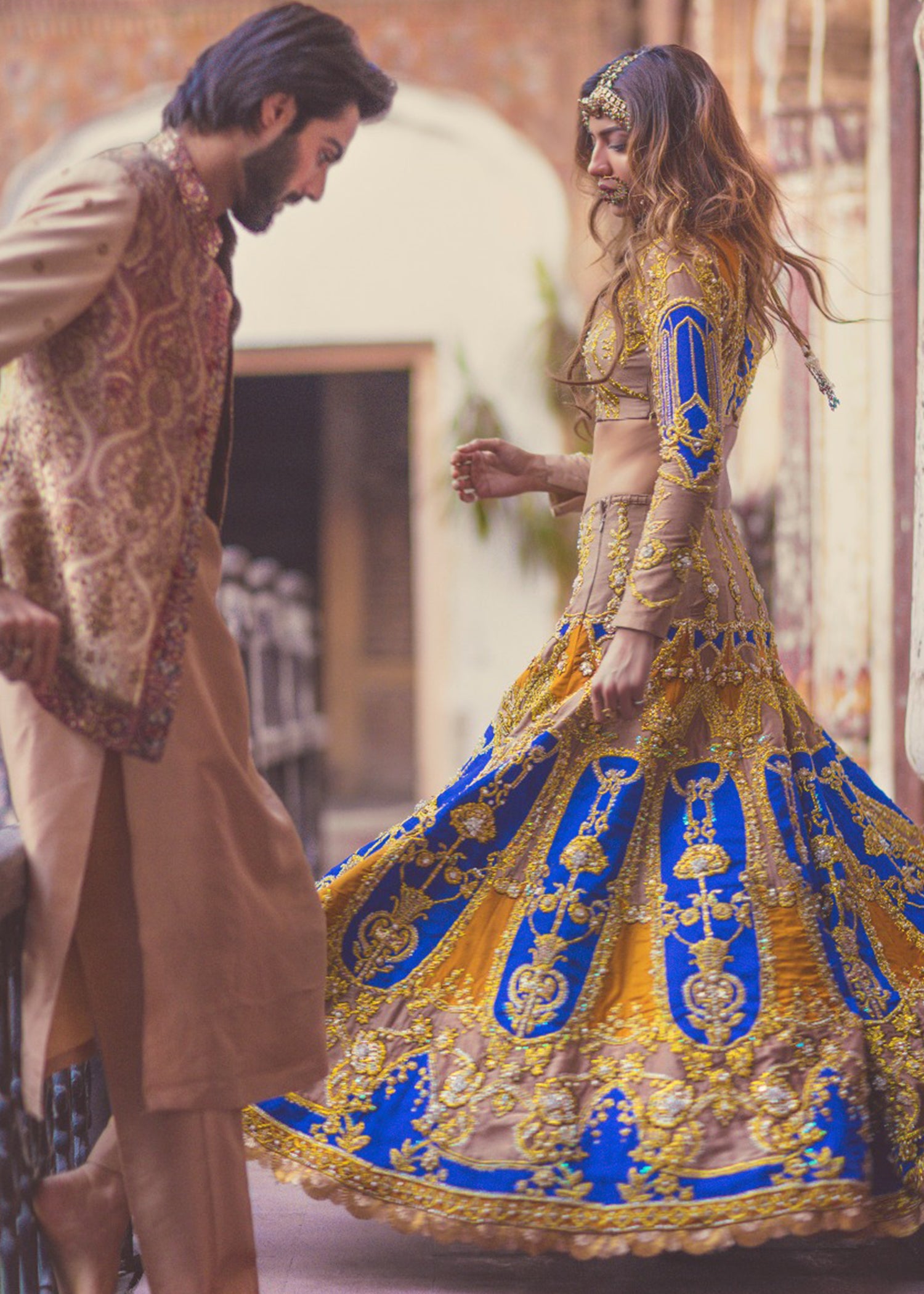 Pakistani Royal Blue and Mustard Embroidered Silk-Blend Lehenga Choli (2-Piece) - Image 4