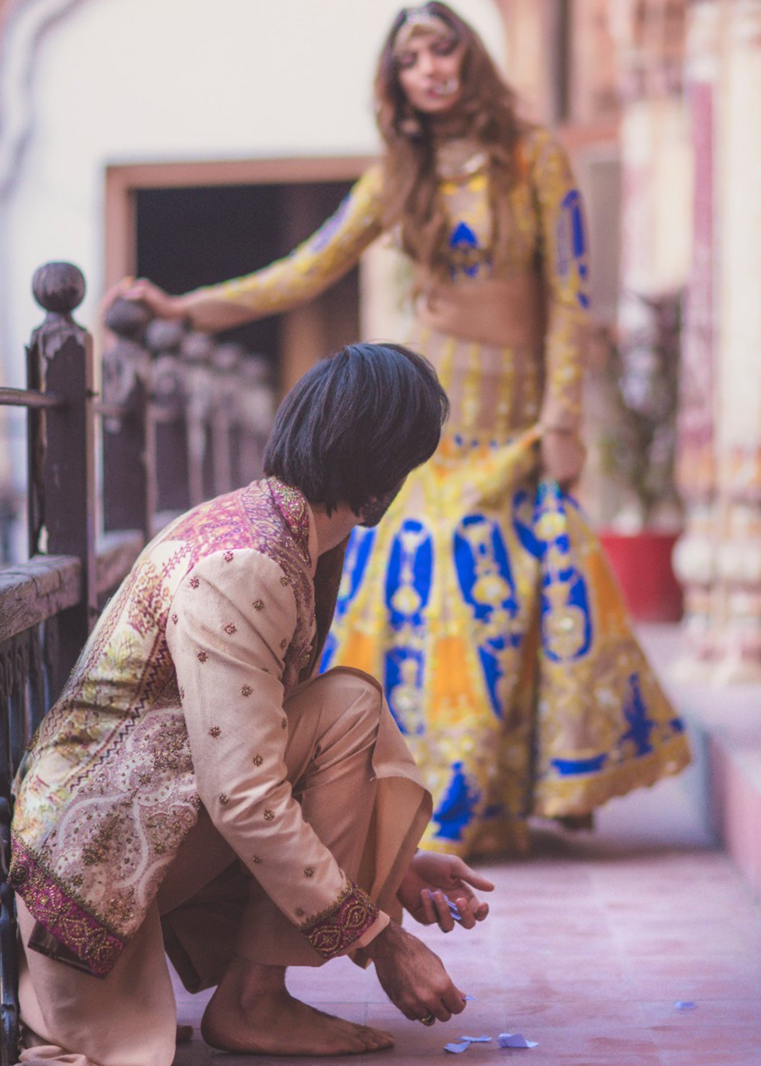 Pakistani Royal Blue and Mustard Embroidered Silk-Blend Lehenga Choli (2-Piece) - Image 5