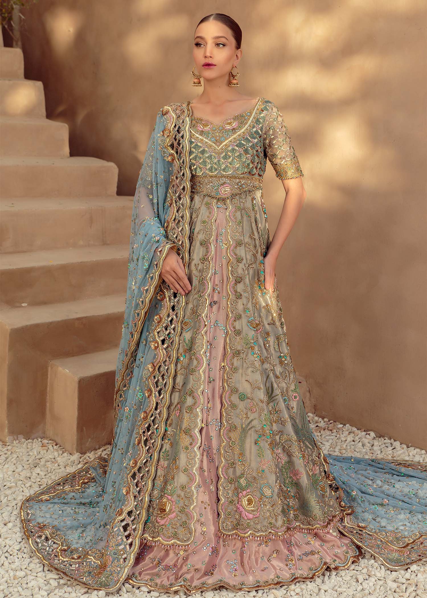 Wedgewood Blue & Blush Embellished Silk Bridal Lehenga (3-Piece) - Image 1