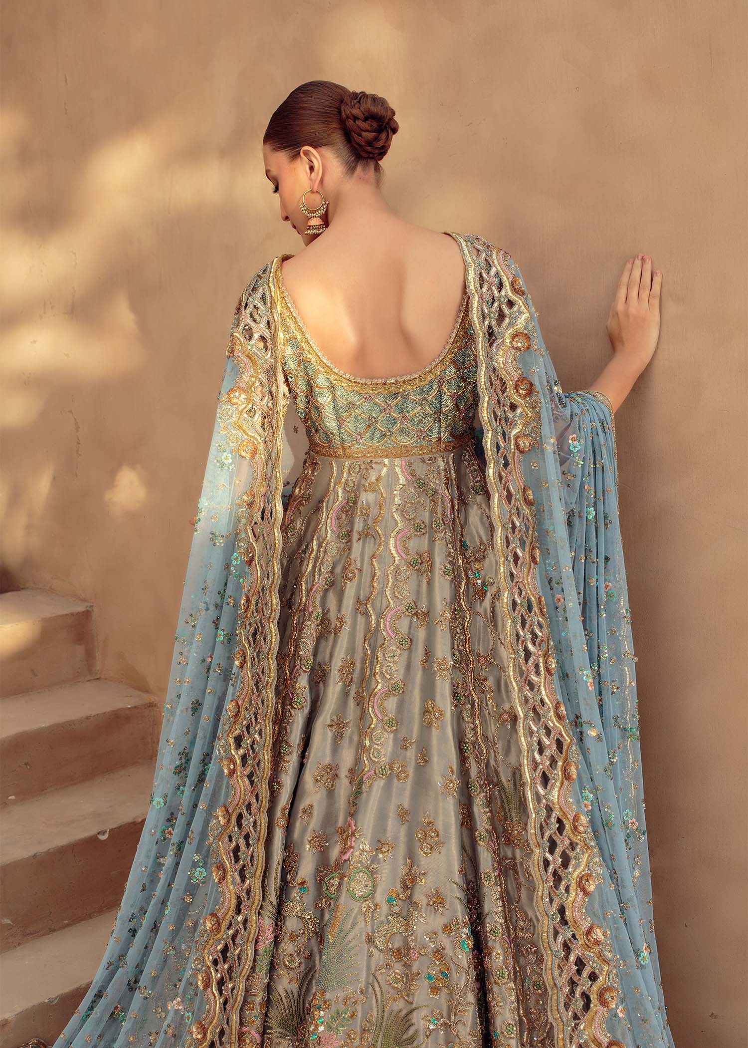 Wedgewood Blue & Blush Embellished Silk Bridal Lehenga (3-Piece) - Image 8