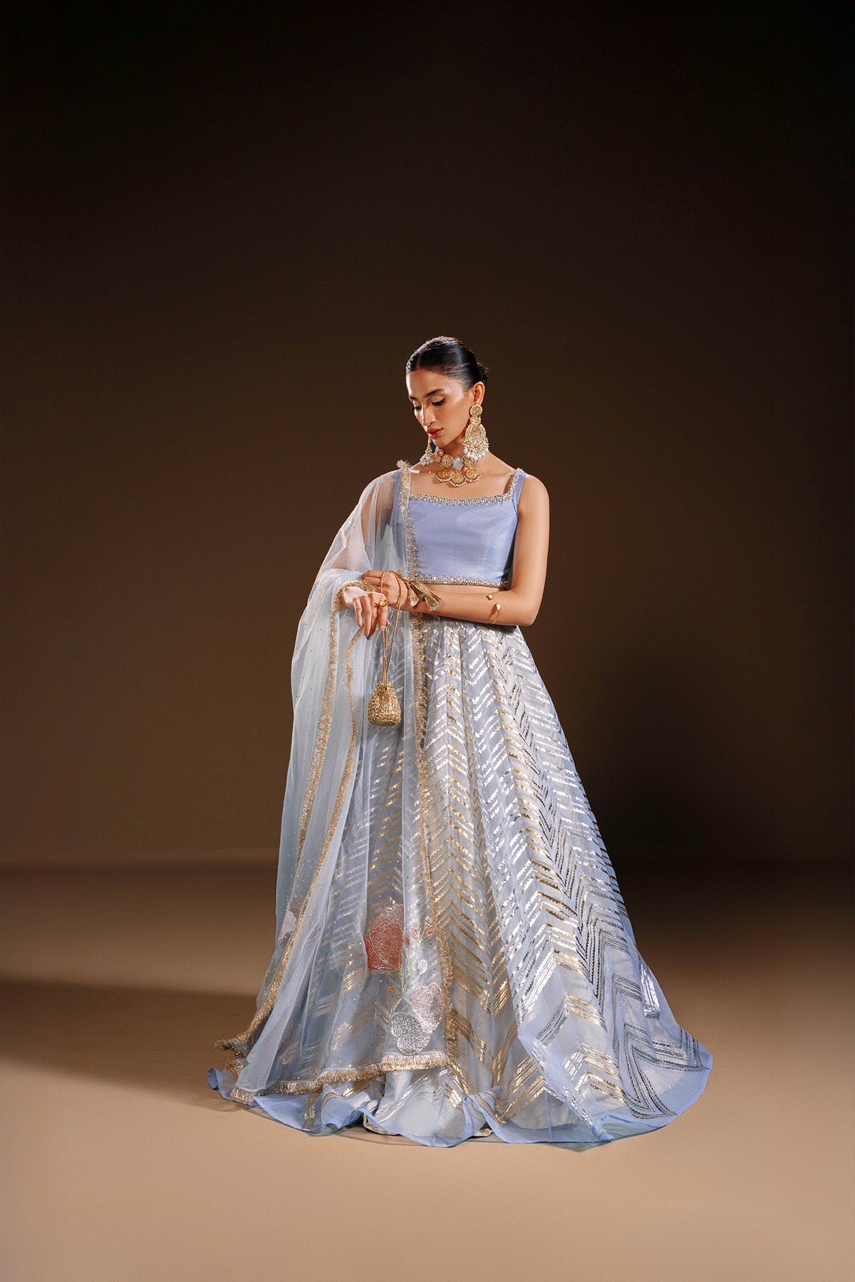Pakistani Periwinkle Hand-Embellished Silk Kataan Lehenga (3-Piece) - Image 1