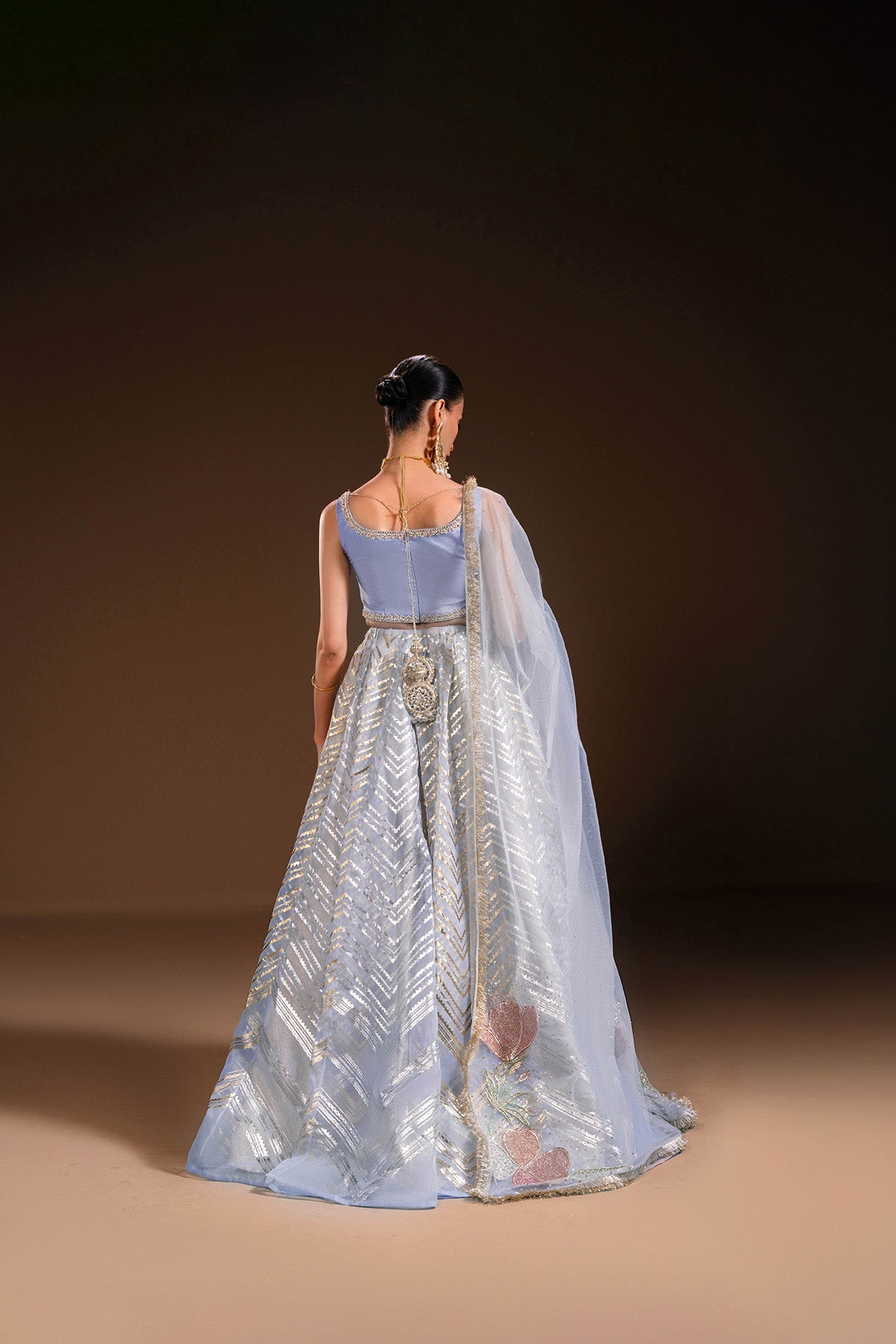 Pakistani Periwinkle Hand-Embellished Silk Kataan Lehenga (3-Piece) - Image 2