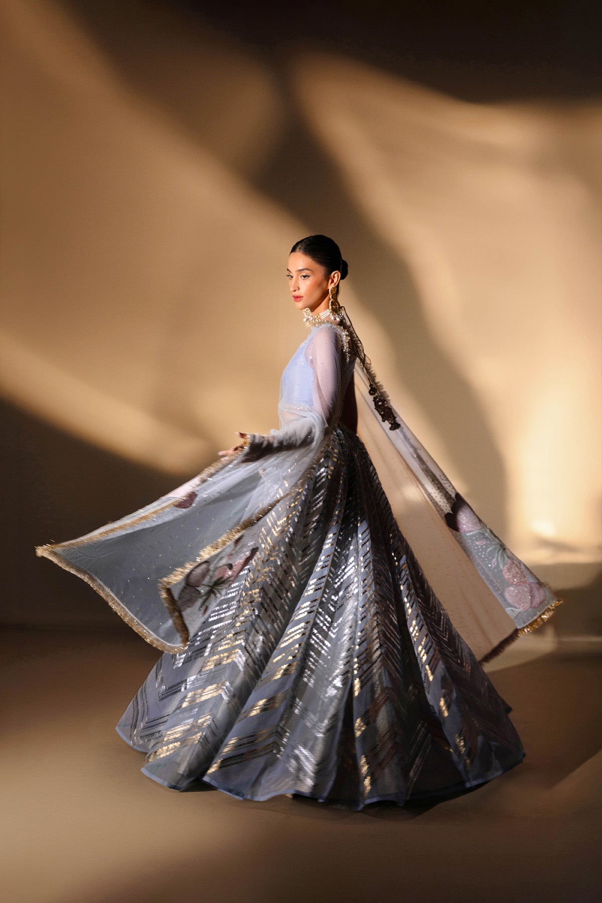 Pakistani Periwinkle Hand-Embellished Silk Kataan Lehenga (3-Piece) - Image 3