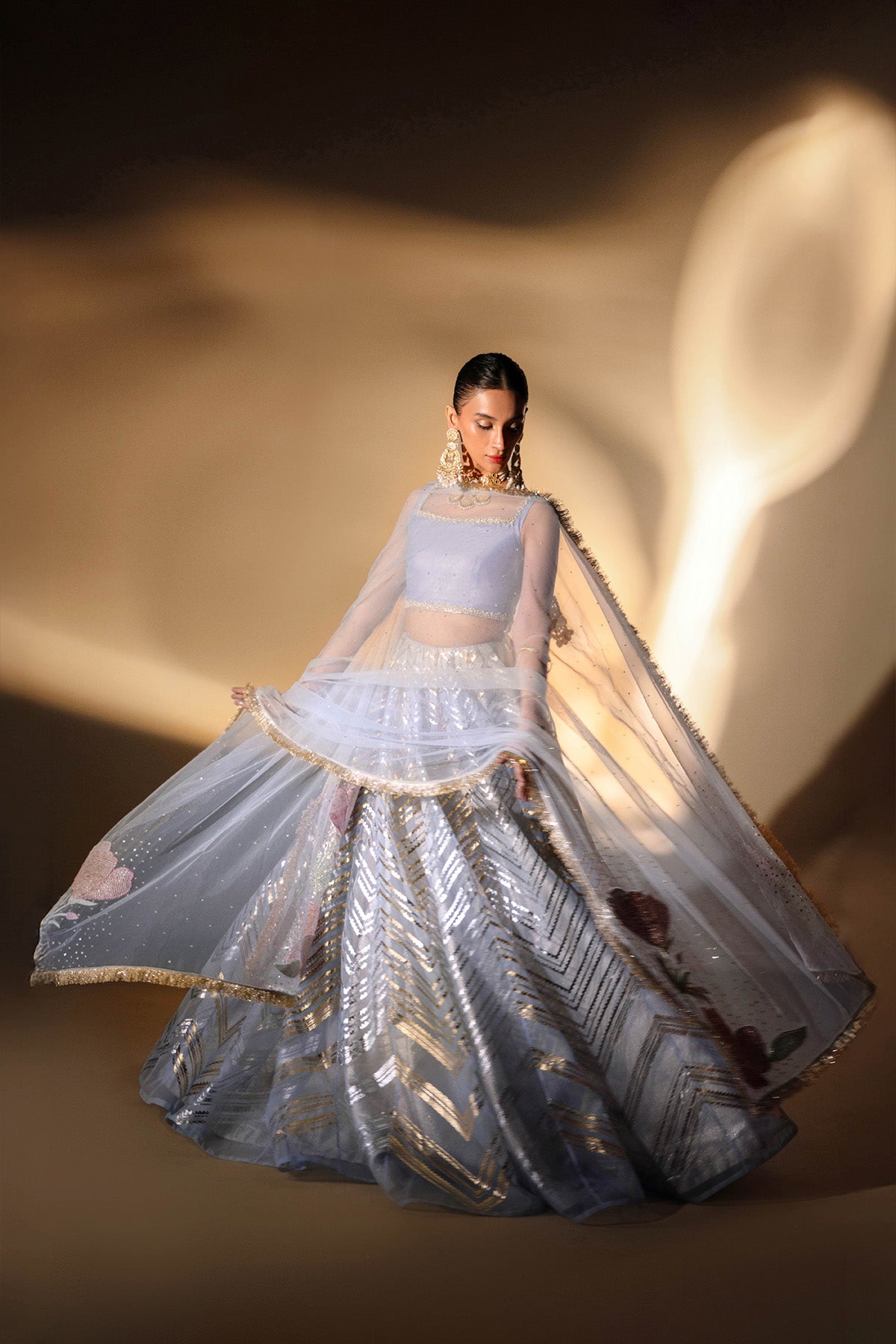 Pakistani Periwinkle Hand-Embellished Silk Kataan Lehenga (3-Piece) - Image 4