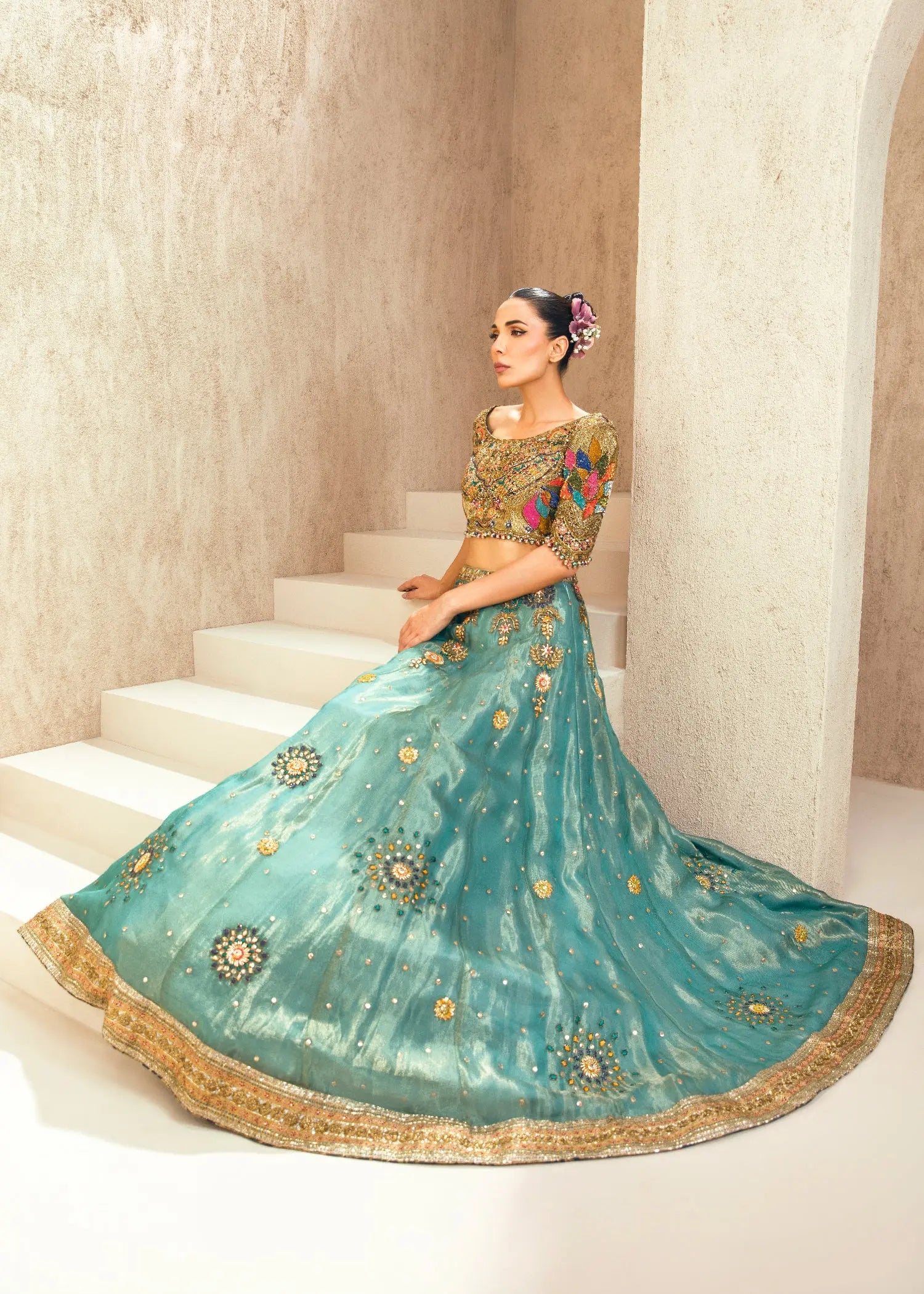 Teal and Coral Embroidered Silk Lehenga Choli (3-Piece) - Image 2