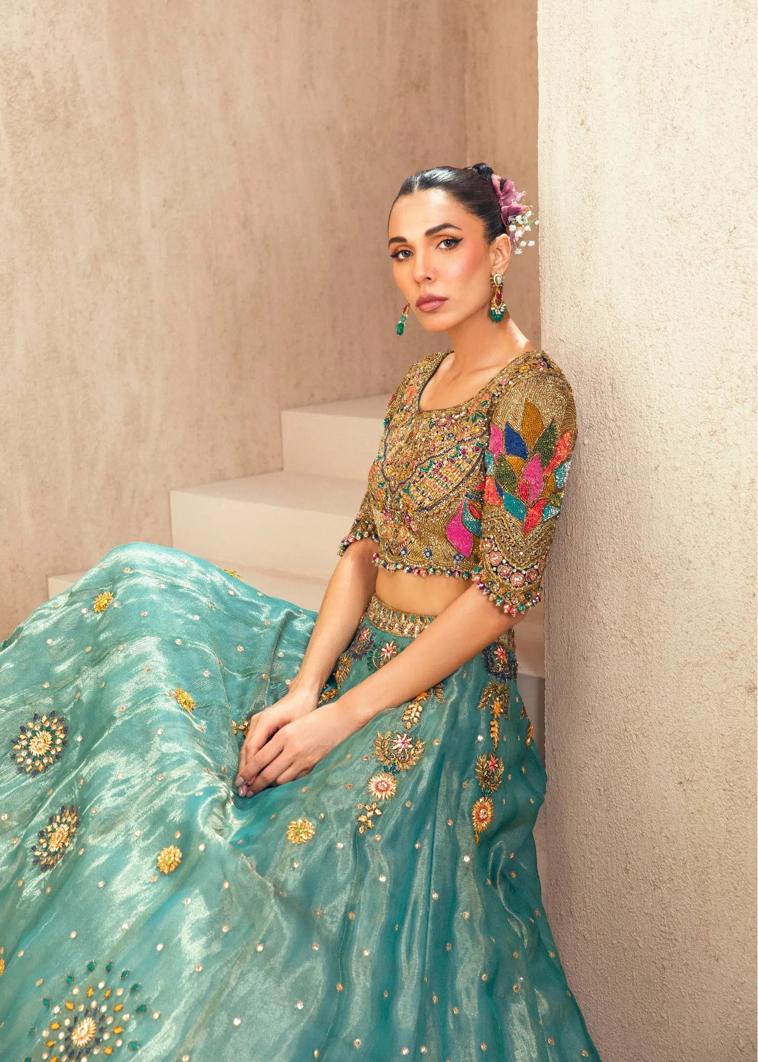 Teal and Coral Embroidered Silk Lehenga Choli (3-Piece) - Image 4
