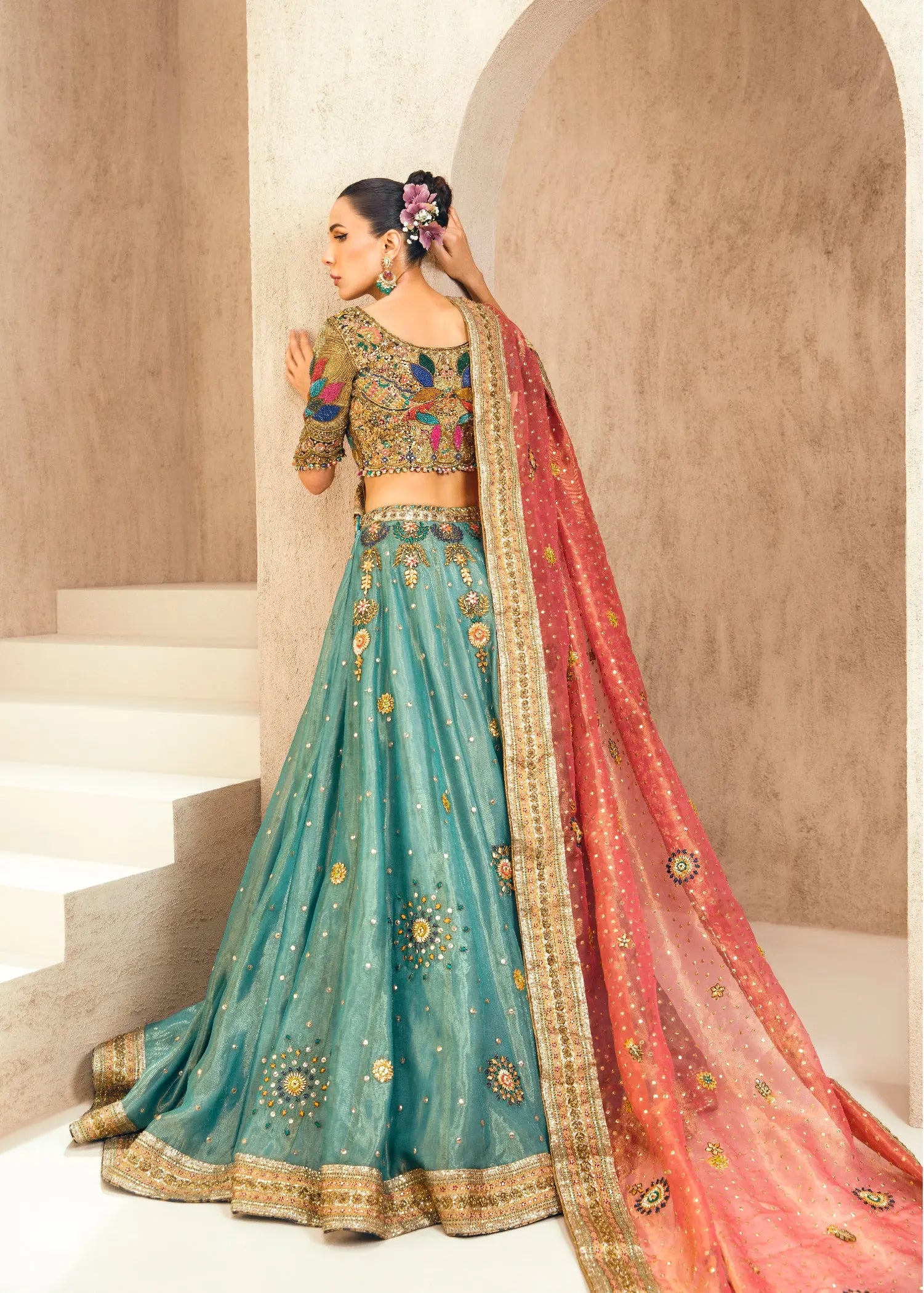Teal and Coral Embroidered Silk Lehenga Choli (3-Piece) - Image 5