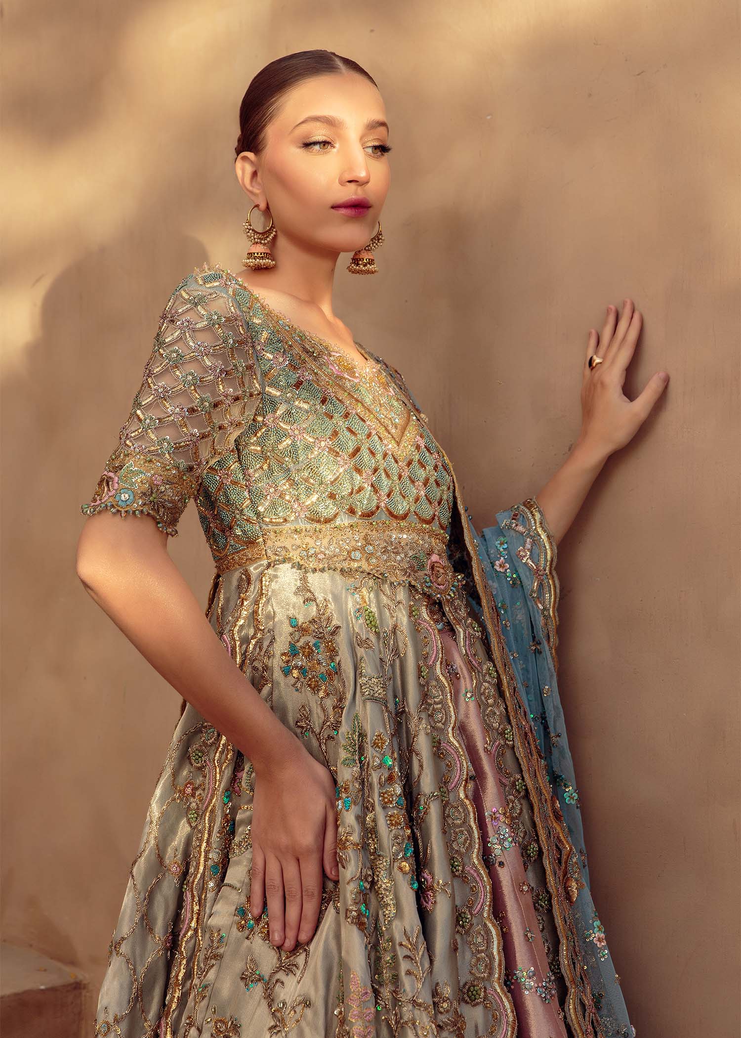 Pakistani Wedgewood Blue Embellished Silk Bridal Lehenga (3-Piece) - Image 4