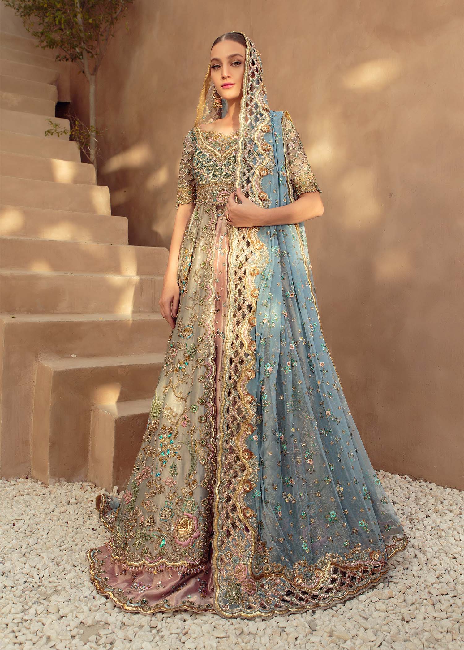 Pakistani Wedgewood Blue Embellished Silk Bridal Lehenga (3-Piece) - Image 5