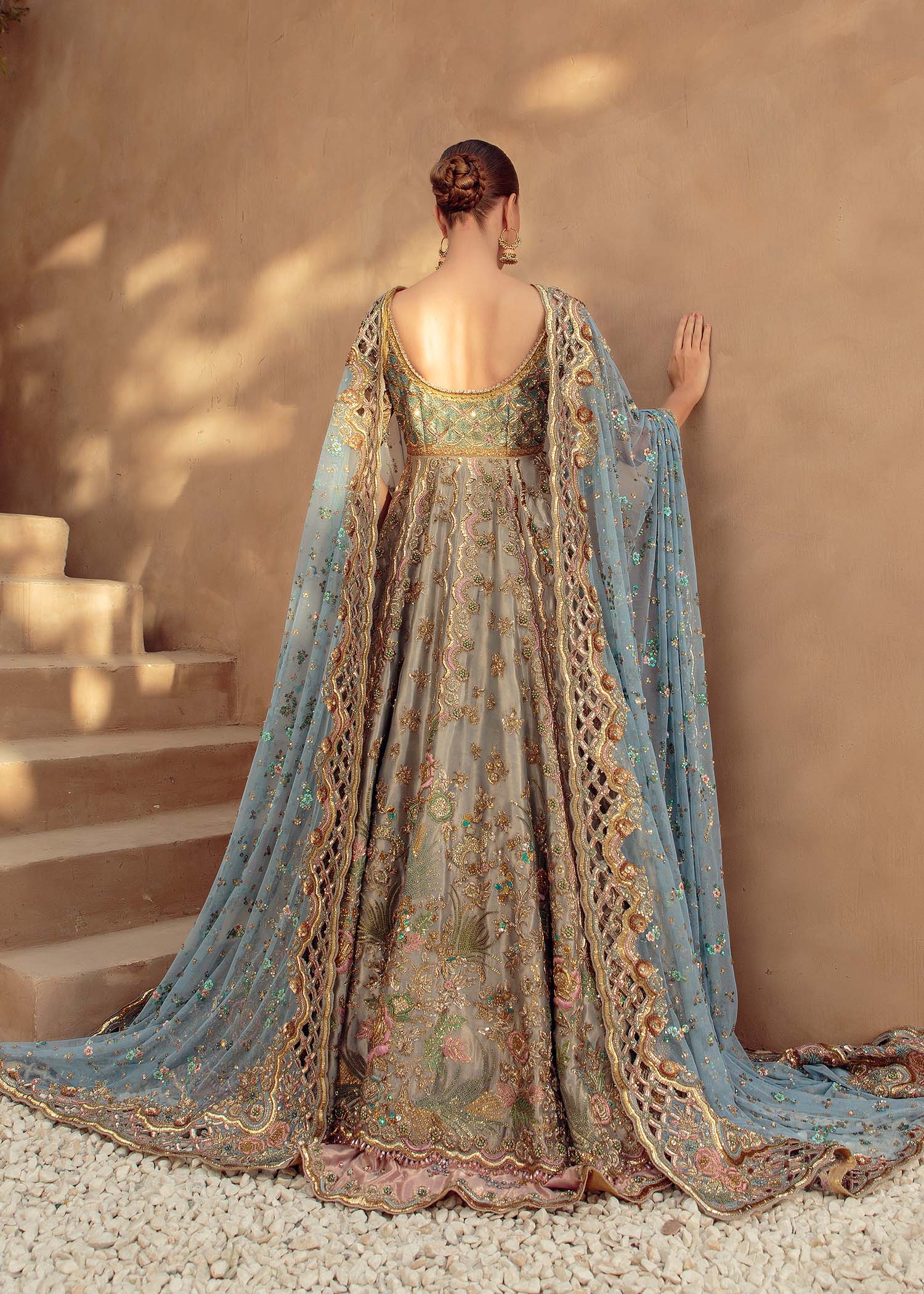 Pakistani Wedgewood Blue Embellished Silk Bridal Lehenga (3-Piece) - Image 6