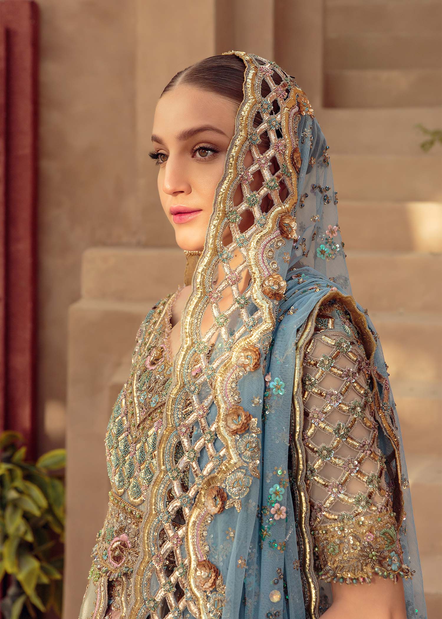 Pakistani Wedgewood Blue Embellished Silk Bridal Lehenga (3-Piece) - Image 7