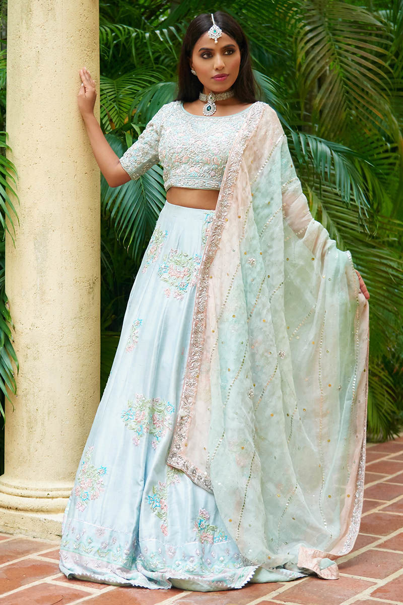 Pakistani Ice Blue Embroidered Silk-Blend Lehenga (3-Piece) - Image 1