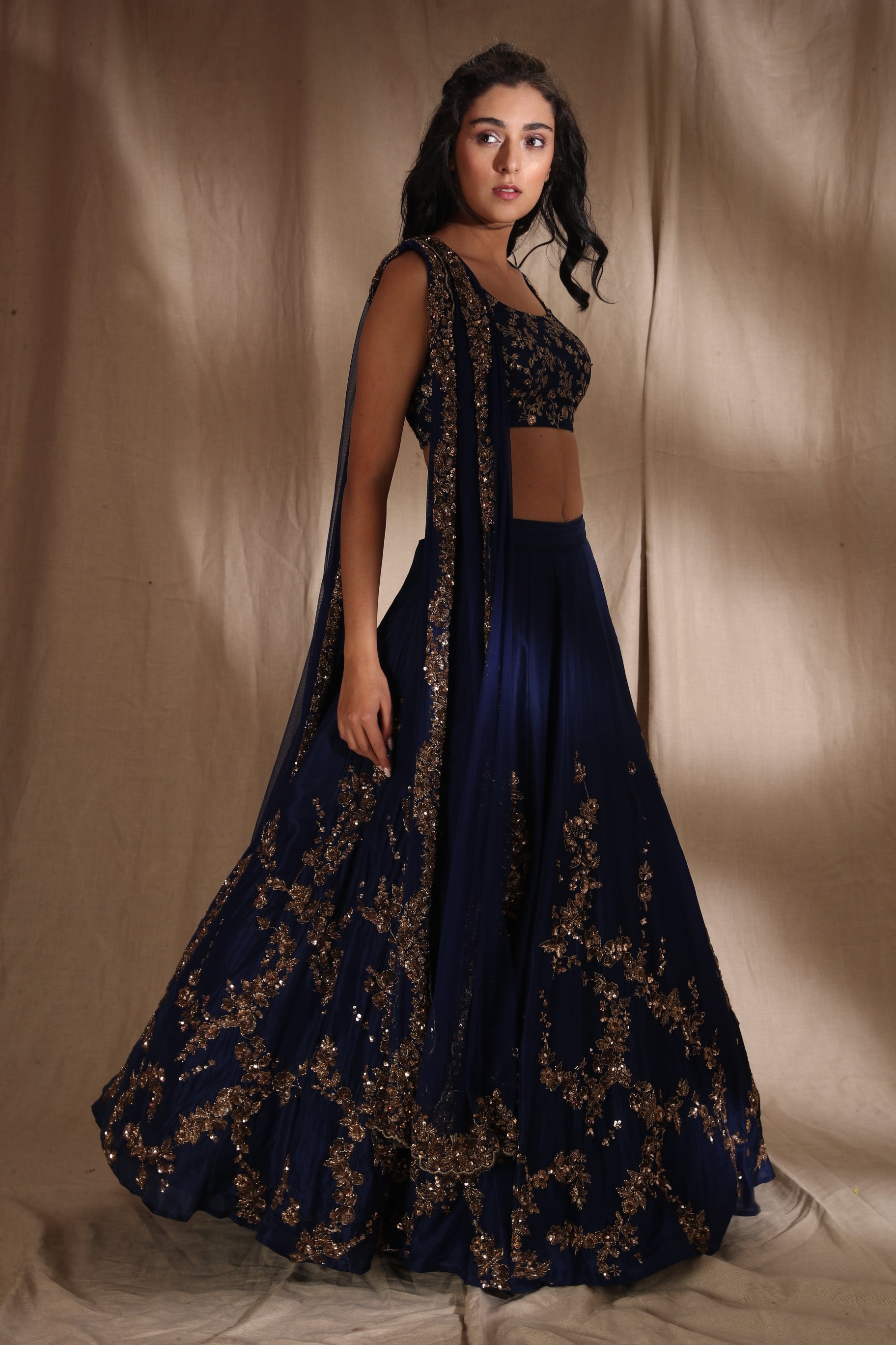 Indian Dark Blue Embroidered Silk Lehenga Set (3-Piece) - Image 2