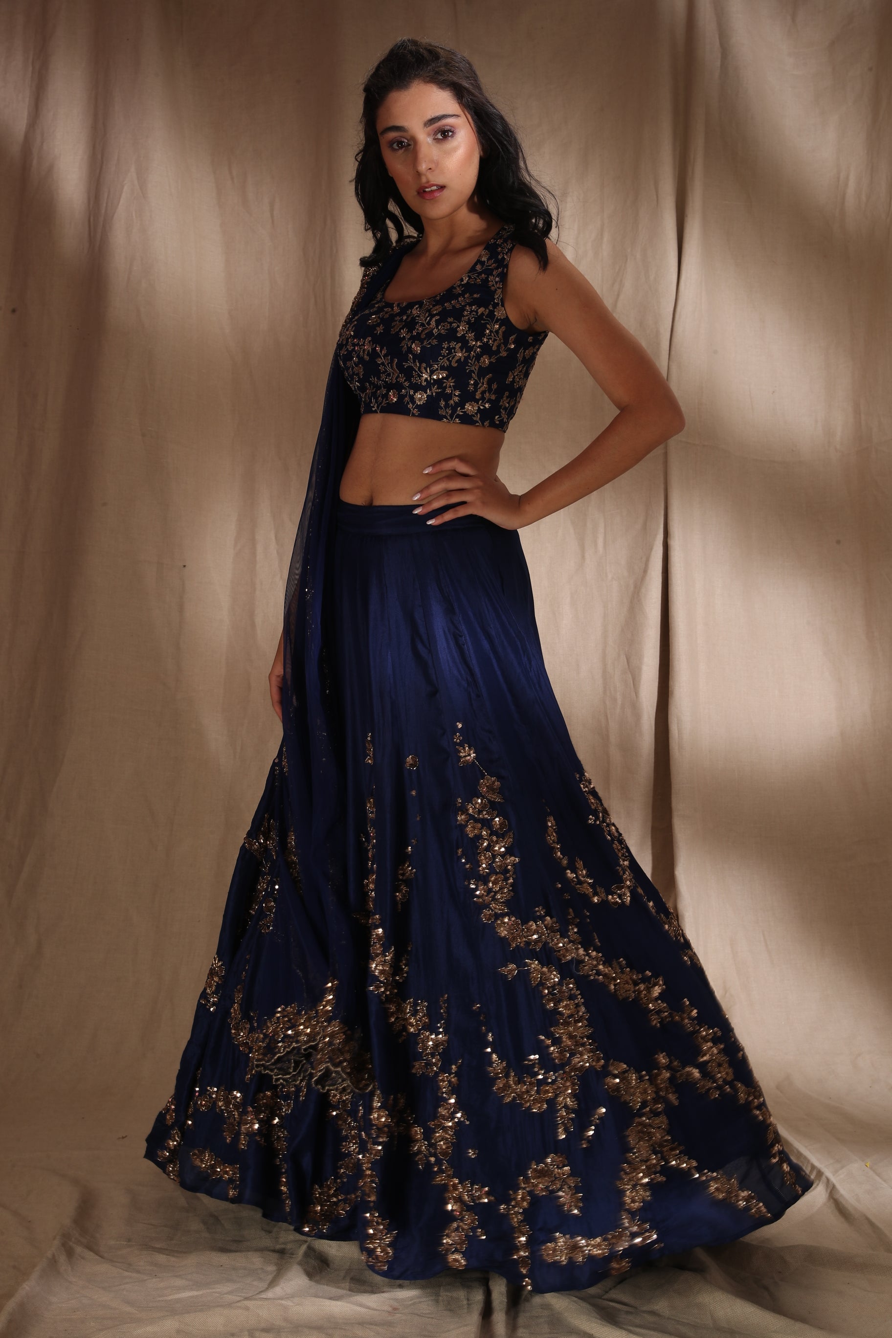 Indian Dark Blue Embroidered Silk Lehenga Set (3-Piece) - Image 3