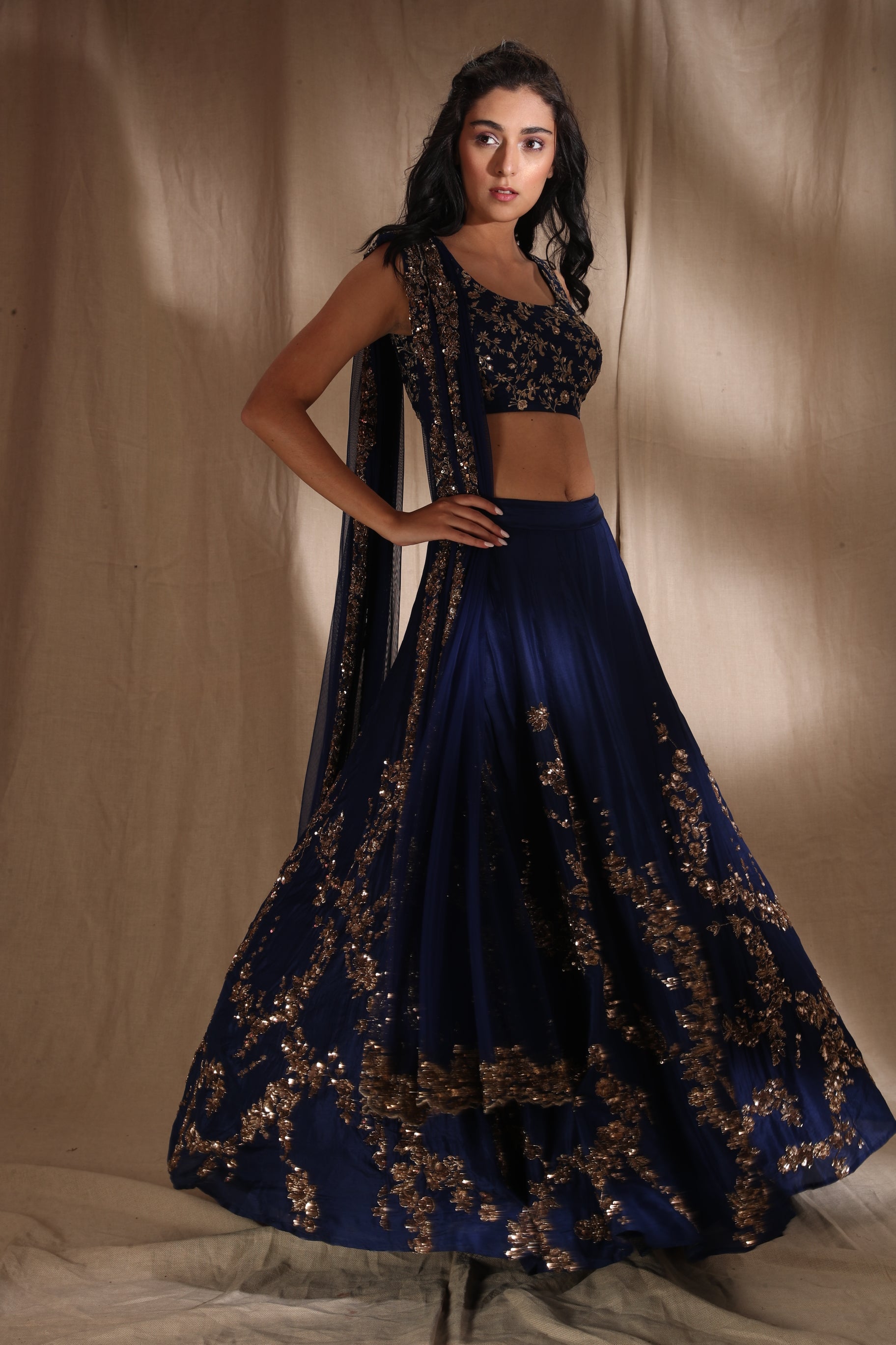 Indian Dark Blue Embroidered Silk Lehenga Set (3-Piece) - Image 4