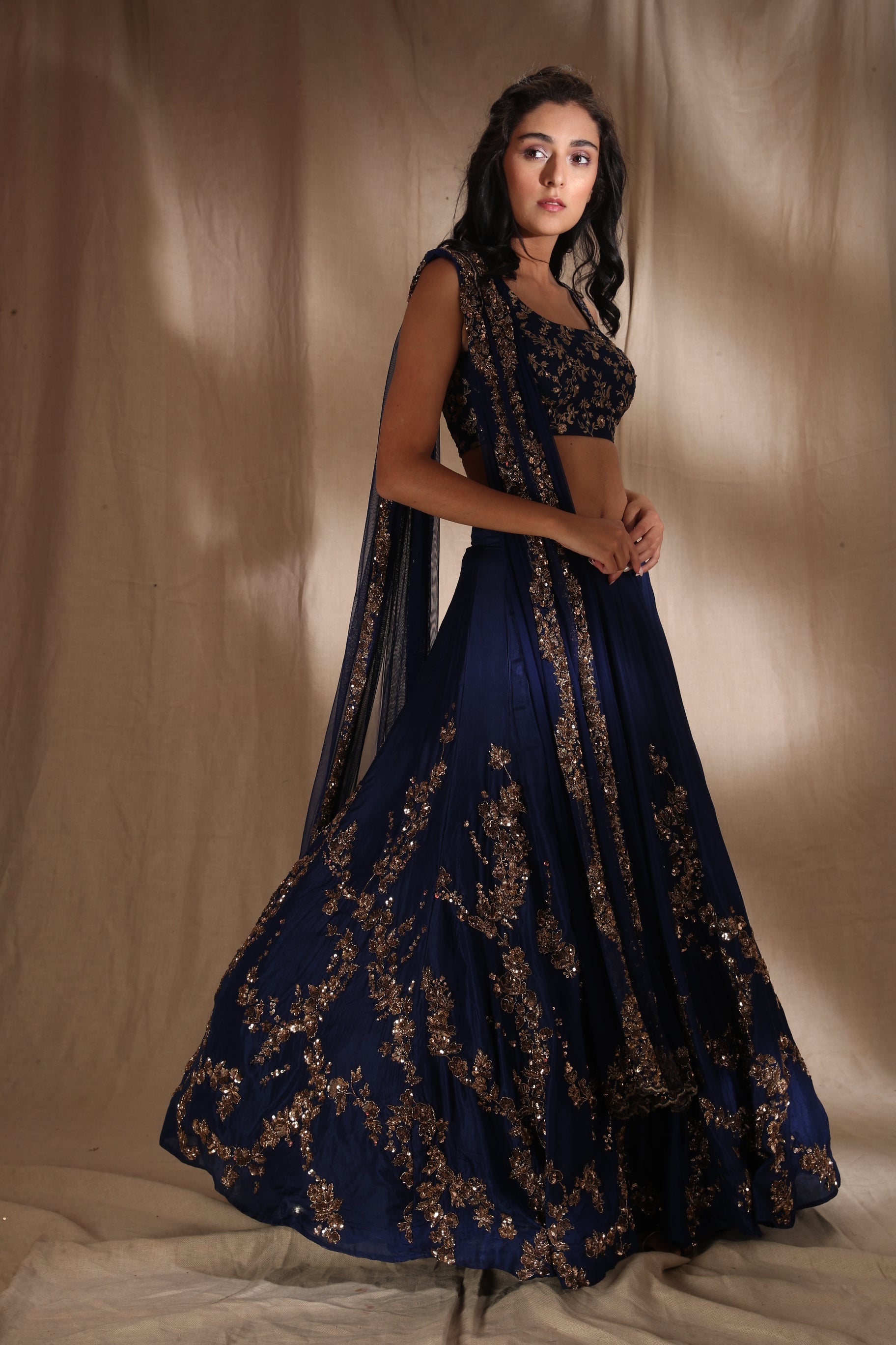 Indian Dark Blue Embroidered Silk Lehenga Set (3-Piece) - Image 5