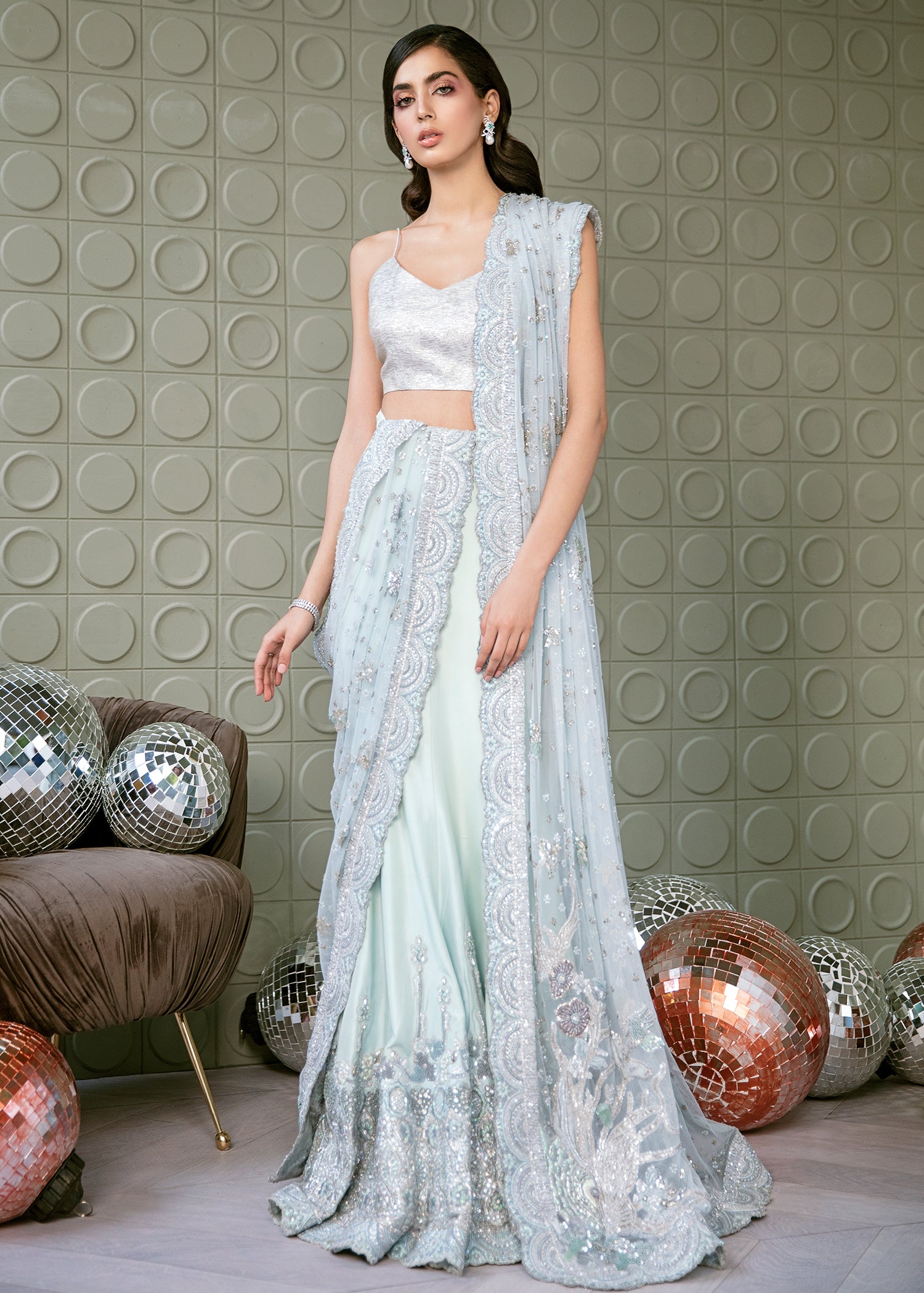 Pakistani Ice Blue Embellished Silk Lehenga Set (3-Piece) - Image 1