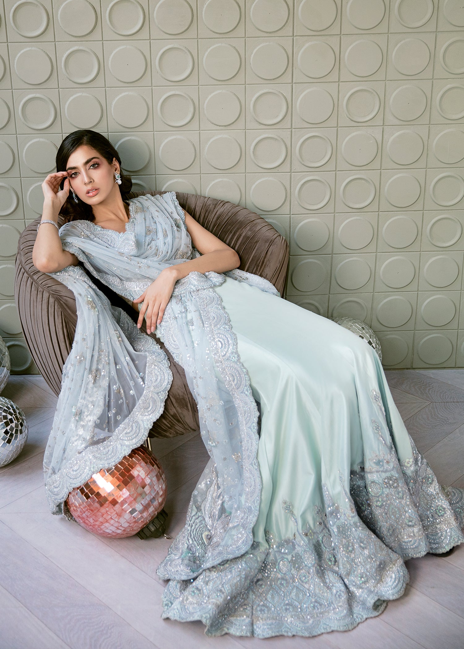 Pakistani Ice Blue Embellished Silk Lehenga Set (3-Piece) - Image 2