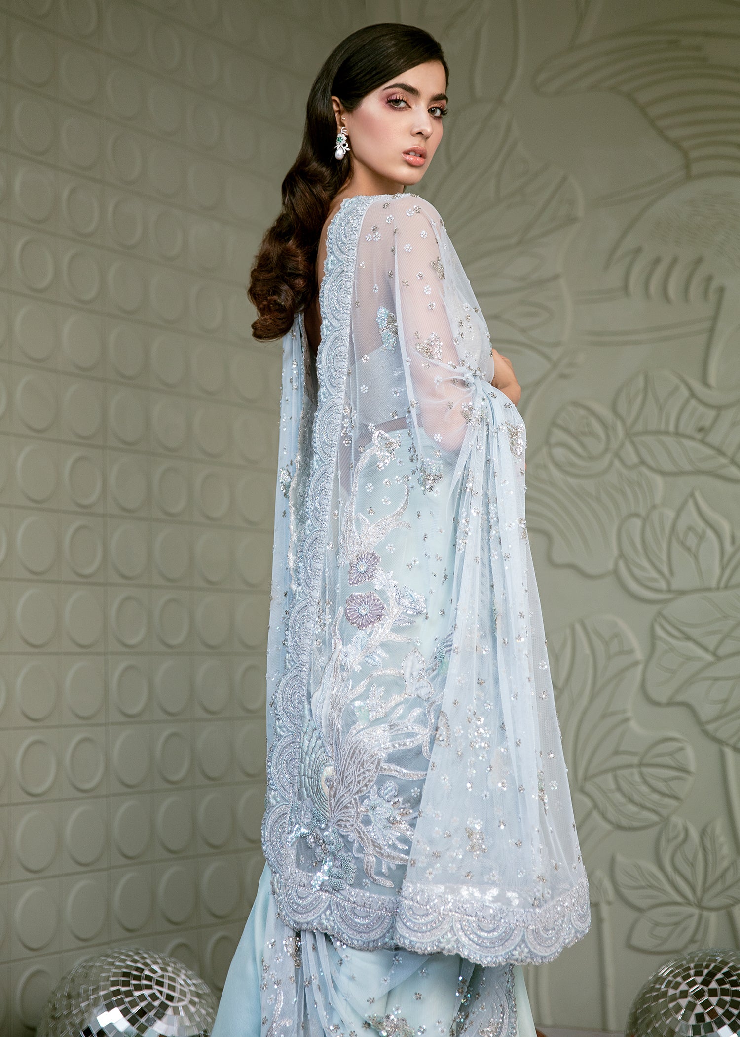 Pakistani Ice Blue Embellished Silk Lehenga Set (3-Piece) - Image 3