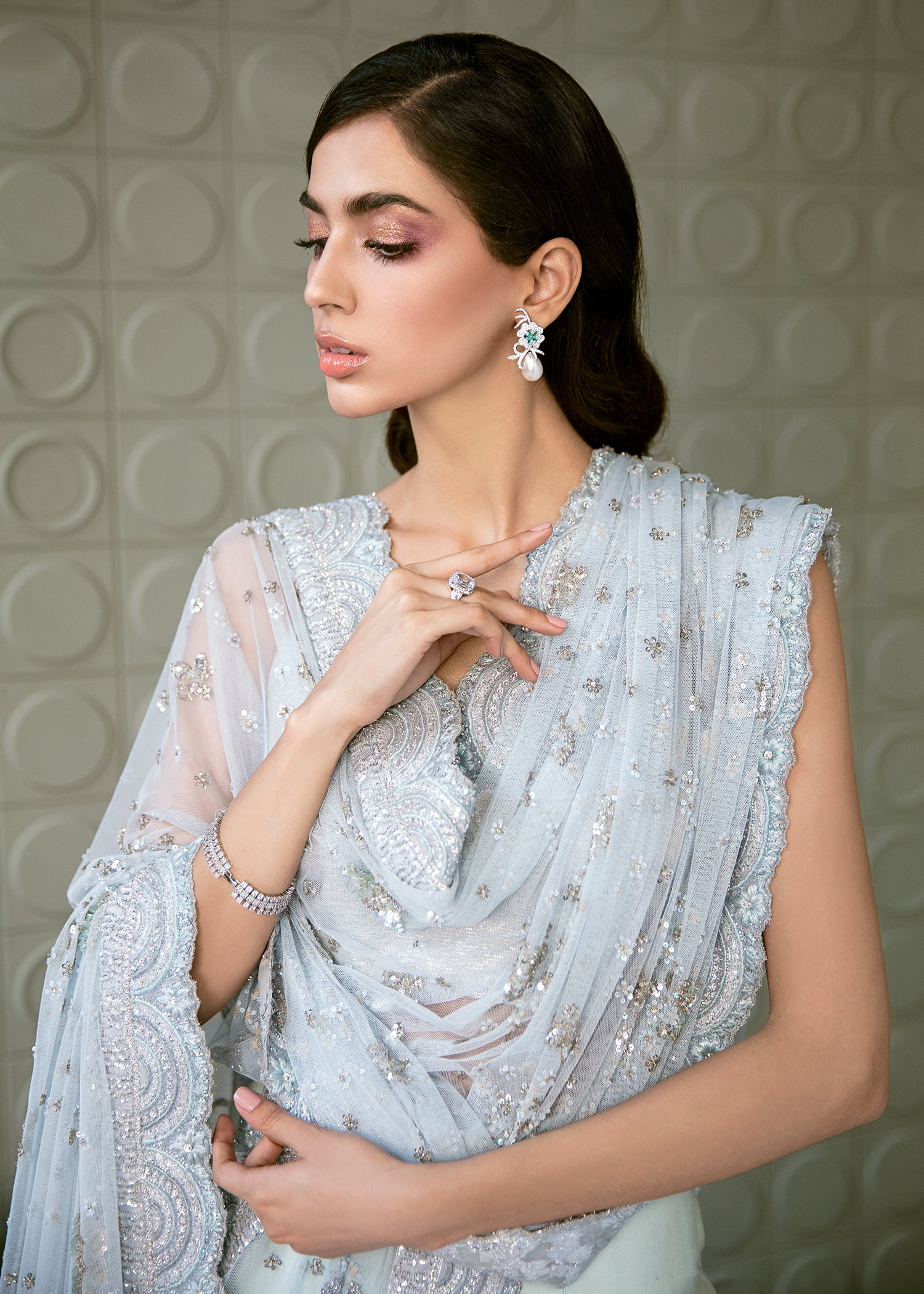 Pakistani Ice Blue Embellished Silk Lehenga Set (3-Piece) - Image 4