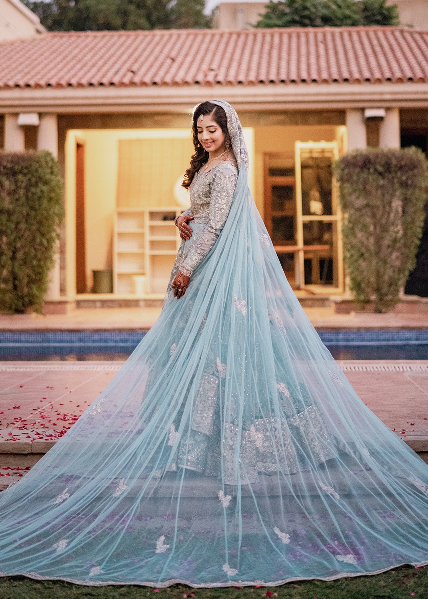 Powder Blue Embellished Silk Organza Bridal Lehenga (3-Piece) - Image 2
