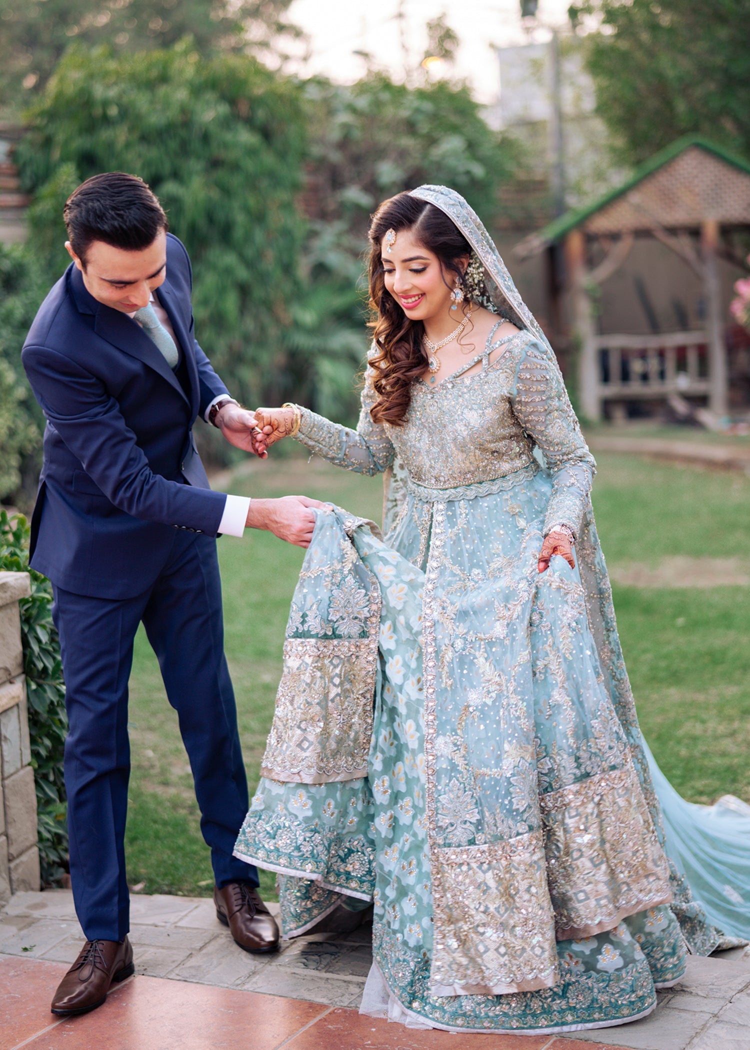 Powder Blue Embellished Silk Organza Bridal Lehenga (3-Piece) - Image 3