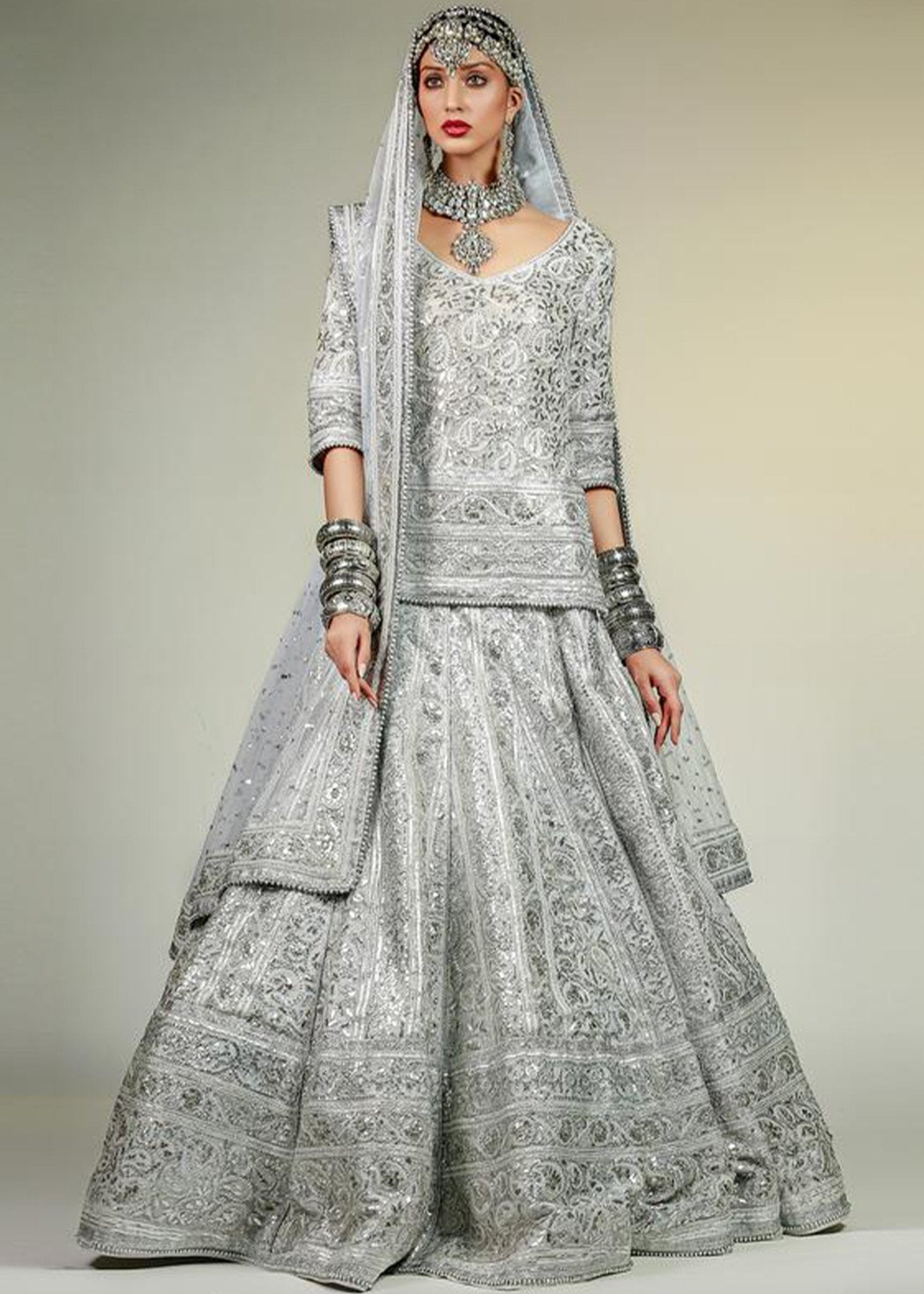 Pakistani Sky Blue Embellished Chiffon Silk Lehenga Choli (3-Piece) - Image 1