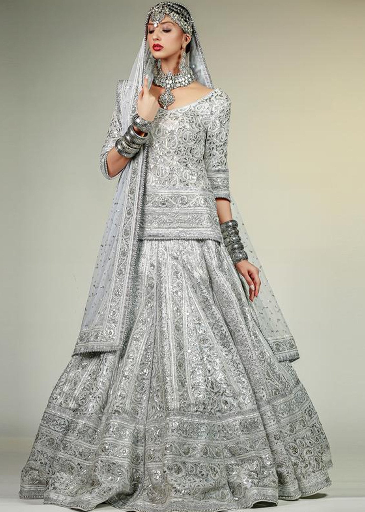 Pakistani Sky Blue Embellished Chiffon Silk Lehenga Choli (3-Piece) - Image 2