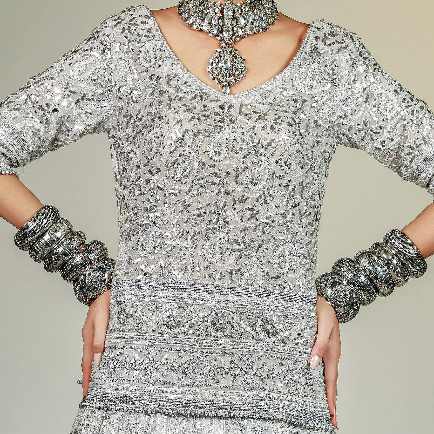 Pakistani Sky Blue Embellished Chiffon Silk Lehenga Choli (3-Piece) - Image 5