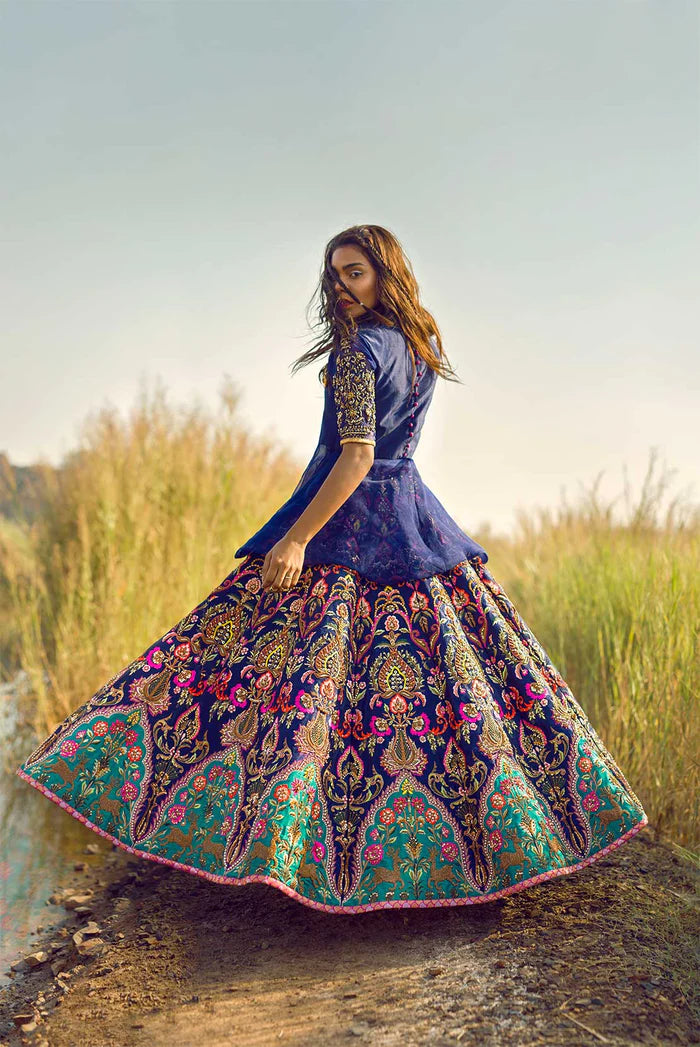 Pakistani Deep Blue Embroidered Silk-Blend Lehenga (2-Piece) - Image 1