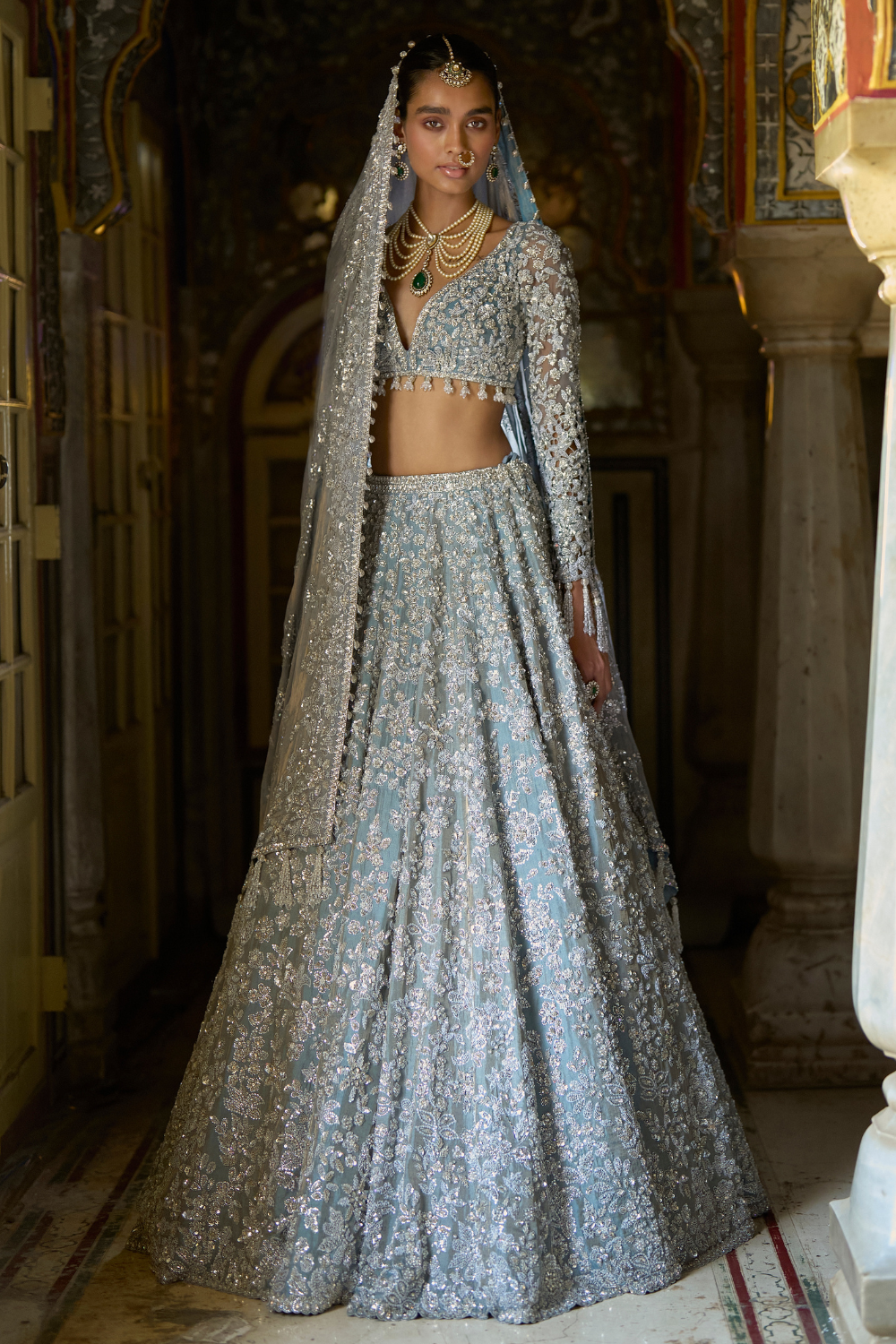 Ice Blue Embroidered Silk Tissue Lehenga (3-Piece) - Image 1