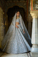 Ice Blue Embroidered Silk Tissue Lehenga (3-Piece) - Image 3
