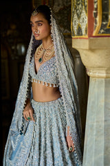 Ice Blue Embroidered Silk Tissue Lehenga (3-Piece) - Image 4