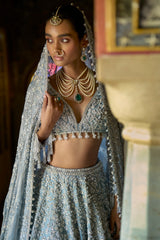 Ice Blue Embroidered Silk Tissue Lehenga (3-Piece) - Image 5