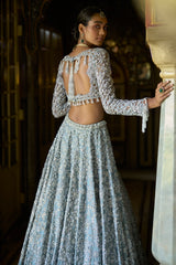 Ice Blue Embroidered Silk Tissue Lehenga (3-Piece) - Image 8