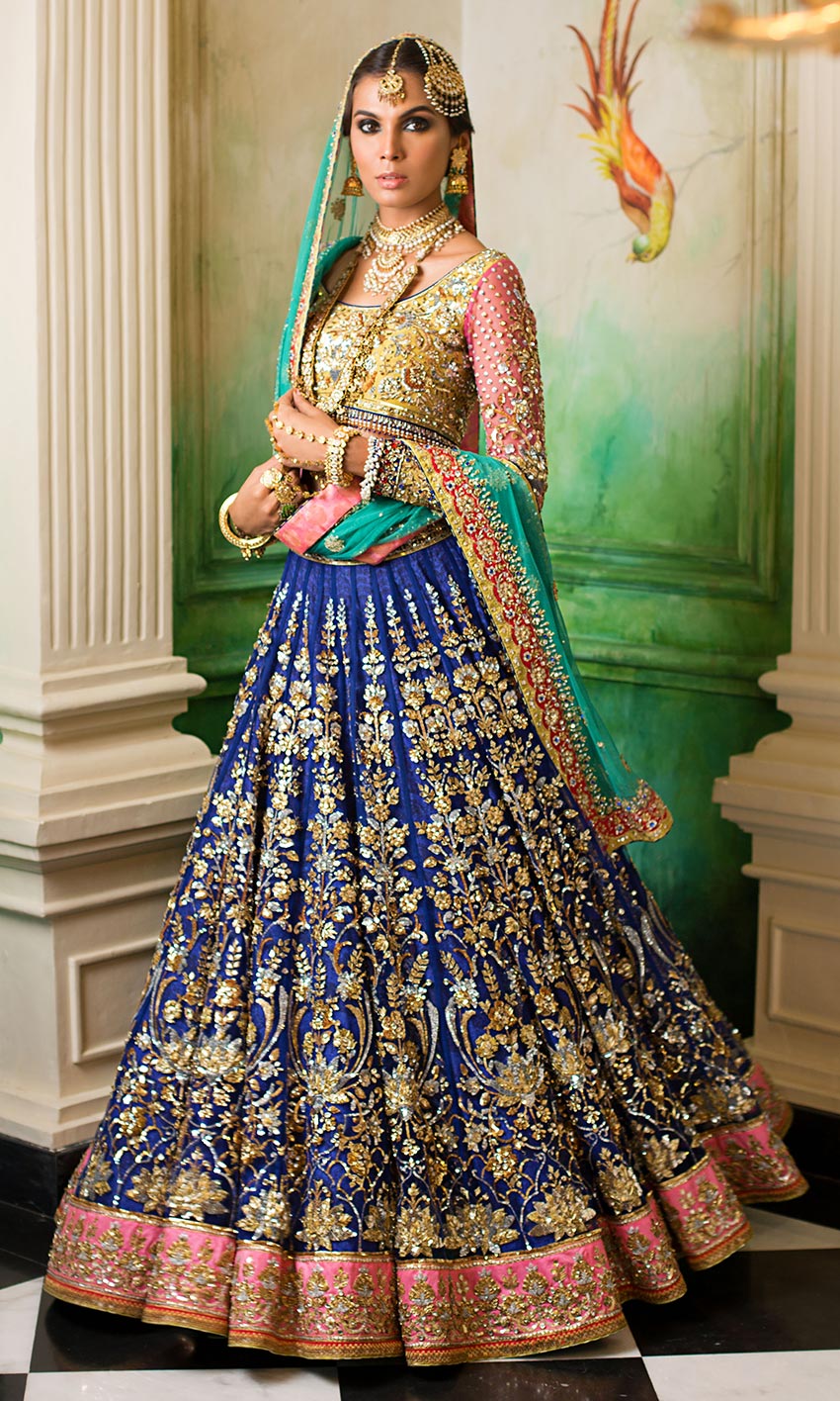 Royal Blue Embellished Silk Bridal Lehenga (3-Piece) - Image 1