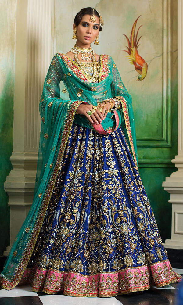 Royal Blue Embellished Silk Bridal Lehenga (3-Piece) - Image 3