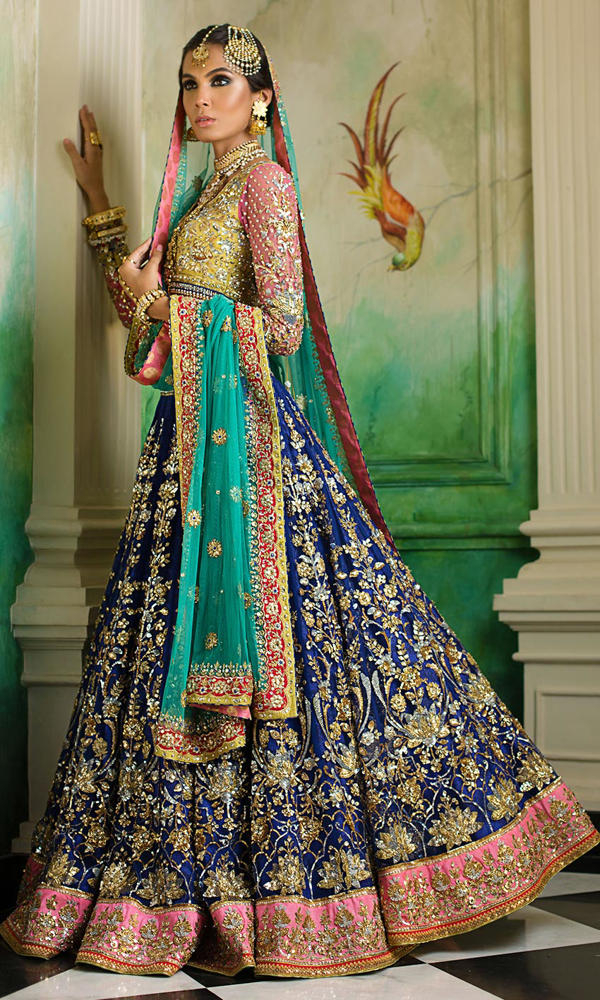 Royal Blue Embellished Silk Bridal Lehenga (3-Piece) - Image 4